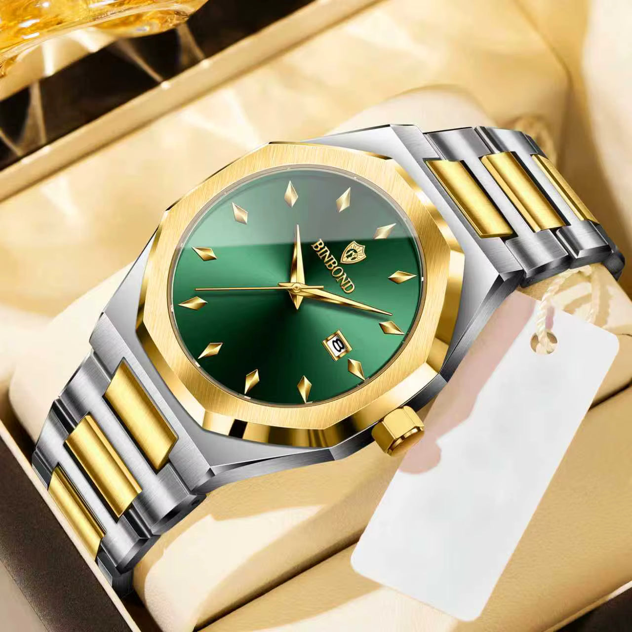 Montre Acier Argenté & Doré, Cadran Vert