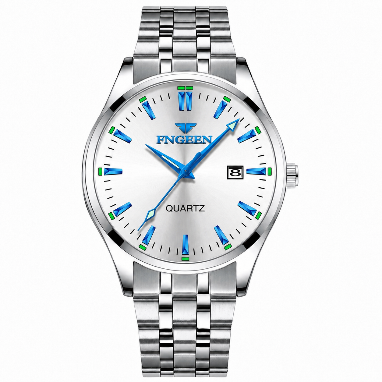 Montre Acier Argenté, Cadran Blanc & Bleu