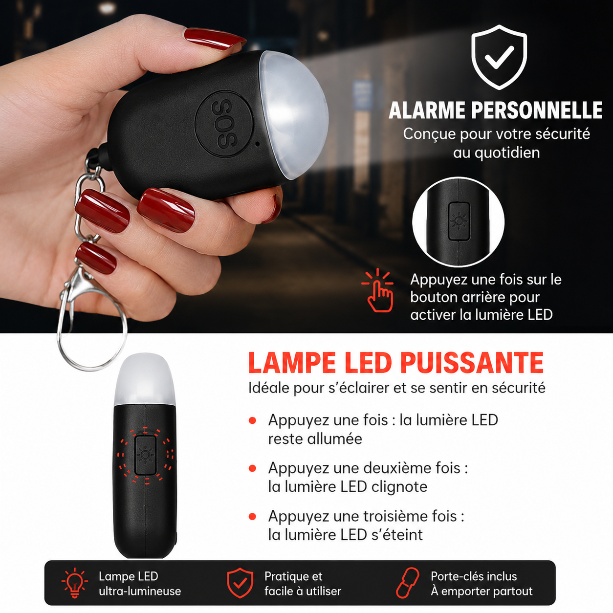 Alarme Personnelle SOS 130 dB Rechargeable avec Lampe LED