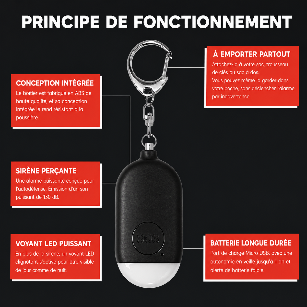 Alarme Personnelle SOS 130 dB Rechargeable avec Lampe LED