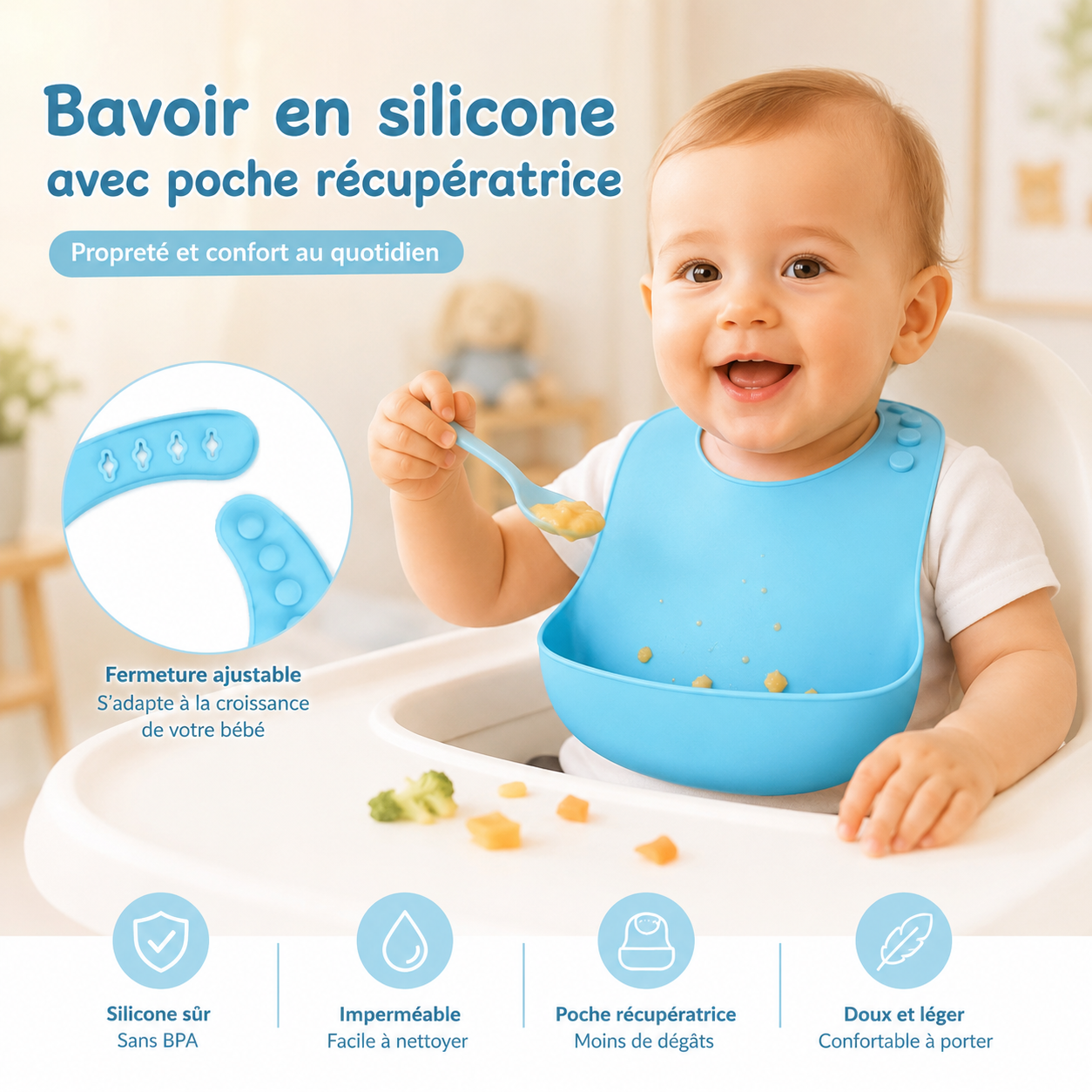 Bavoir en silicone avec poche récupératrice