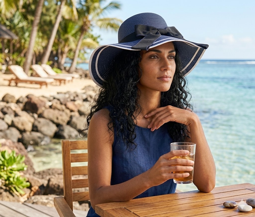 Chapeau Soleil en Paille Bleu Marine avec Nœud Noir
