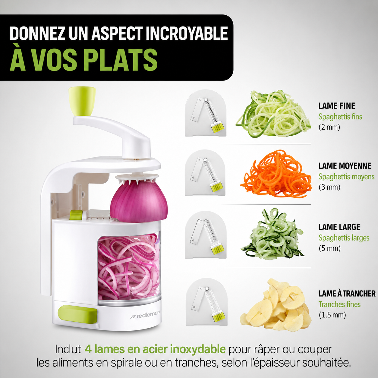 Spiraliseur de Légumes Multifonction 4 Lames avec Ventouse de Fixation