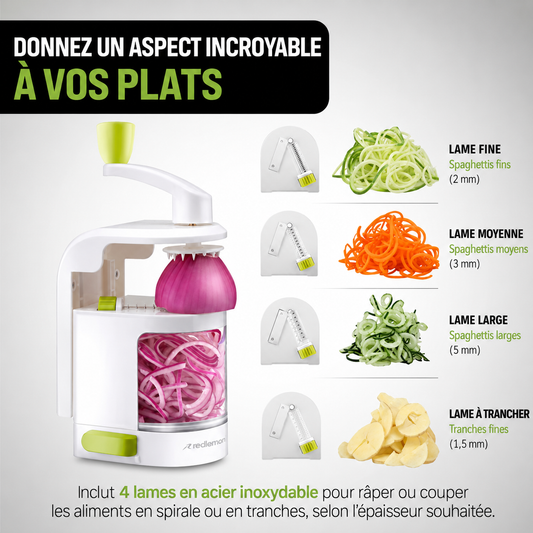 Spiraliseur de Légumes Multifonction 4 Lames avec Ventouse de Fixation